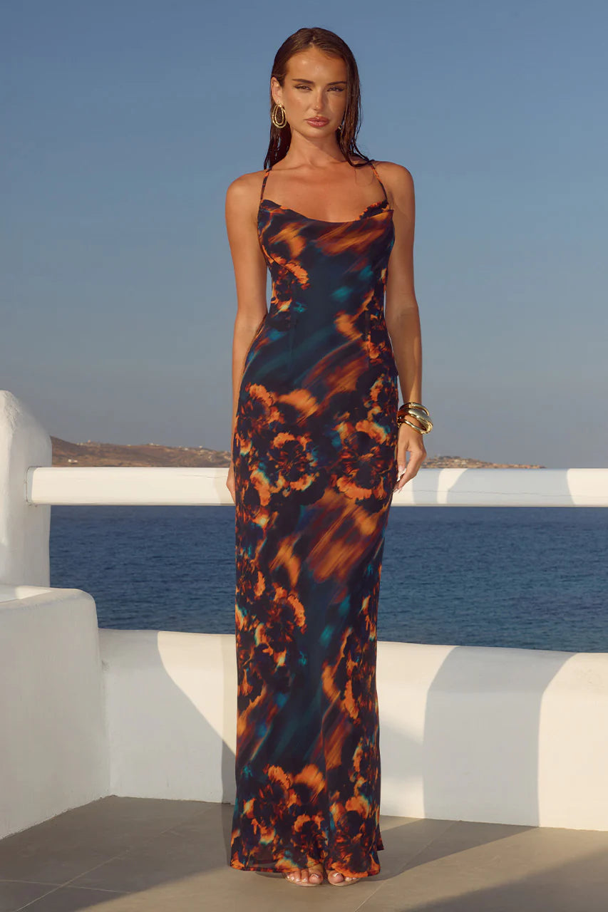 Bridgette Cowl Cross Back Maxi Dress - Valina Orange White Haven Bridgette Cowl Cross Back Maxi Dress - Valina Orange White Haven